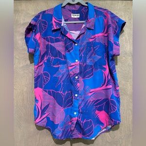 Women's Button Down Shirt - Blue and Pink Leaf Print